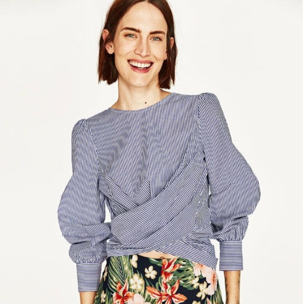 Zara Blue & White Striped Wrap Blouse With Bow